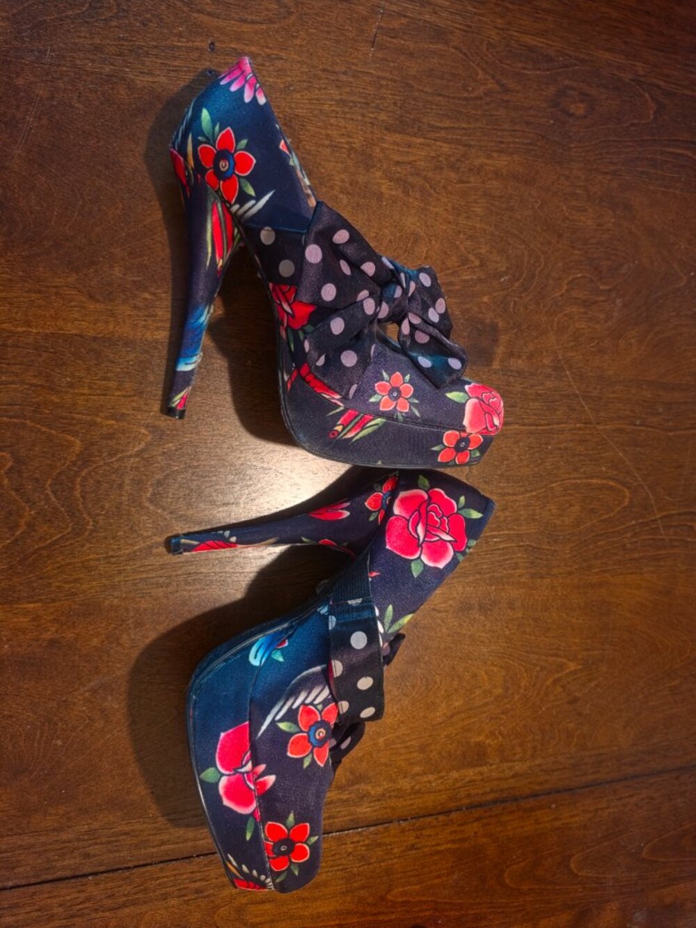Iron Fist Floral Mary Jane Heels Mixed Prints Bow Strap Rare & Collectible Size - Picture 2 of 5